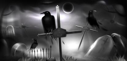 Scary night cemetery, ancient graveyard with black crow on gravestone, tombstones in fog or mist. Halloween realistic background with moon in cloudy sky, dried trees silhouettes and old crosses vector