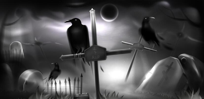 Scary night cemetery, ancient graveyard with black crow on gravestone, tombstones in fog or mist. Halloween realistic background with moon in cloudy sky, dried trees silhouettes and old crosses
