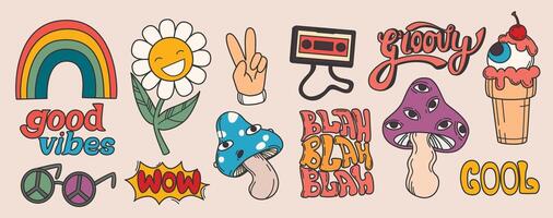 set of retro 70s hippie stickers, psychedelic groovy elements. Funny daisy flower, rainbow, peace gesture, sunglasses, vintage music cassette and mushroom with eyes. Old doodle objects. vector