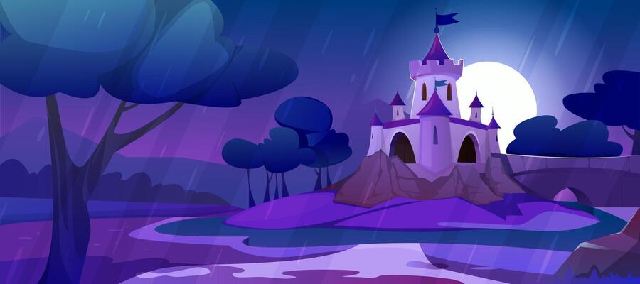 Cartoon magic castle on hill at rainy weather. Landscape of fairy tale kingdom in moon light at night. Medieval palace with turrets, water stream, trees, field and bridge with road to royal chateau.