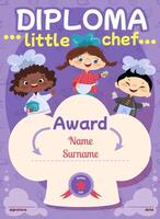 Cute kids cooking diploma design template with little chef cartoon illustration. Smiling boys and girl in kitchen apron and cap on certificate award. Flat template for cook school. vector