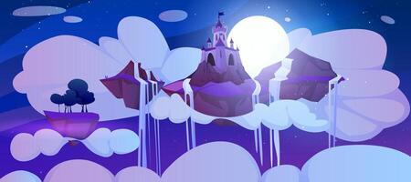 Cartoon magic castle and waterfall on floating island at night. Landscape of fairy tale kingdom flying in dark sky. Medieval royal palace with turrets on piece of rock float at full moon midnight. vector