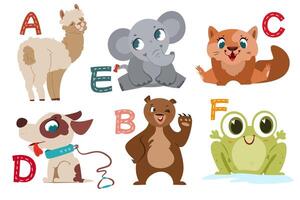 Inglés alfabeto con plano linda animales para niños educación. letras con gracioso animal caracteres desde un a F. niños diseño conjunto para aprendizaje a deletrear con dibujos animados zoo recopilación. vector