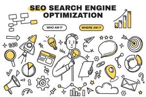 Social media analytics, sales management and digital marketing optimization concept. Doodle icons of seo technology, statistic analysis with charts and graphs. Online search illustration. vector