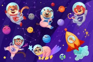 Cute animals astronauts in spacesuit flying in open space. Cartoon happy dog, monkey, lion and sloth cosmonauts in cosmos galaxy with planets, stars and constellations. Flat giraffe flying in rocket. vector