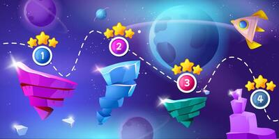 Space game level background with crystal platforms, flying rocket and alien planet. cartoon illustration of cosmos landscape with blue galaxy sky, stages with stars for gui interface. vector