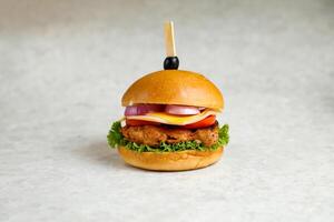 picante naga carne de vaca hamburguesa incluir queso rebanada, tomate, cebolla y lechuga hoja aislado en gris antecedentes lado ver de aperitivo rápido comida foto