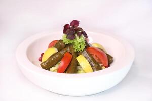 STUFFED VINE LEAVES with lemon and tomato served in dish isolated on background side view of arab food photo