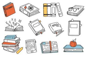 Hand drawn book doodle set. Stack of books with bookmarks and notebooks. Drawing icon knowledge elements. symbols of reading and learning for education. Educational literature and dictionary. vector