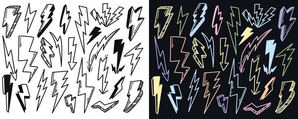 Hand drawn doodle lightning bolt signs set illustration. Different thunderbolts or electric discharges. Energy strike flash. Voltage warning symbols of electricity on black and white background
