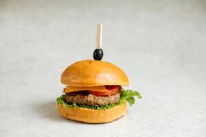 clásico cajún carne de vaca hamburguesa incluir queso rebanada, tomate, cebolla y lechuga hoja aislado en gris antecedentes lado ver de aperitivo rápido comida foto
