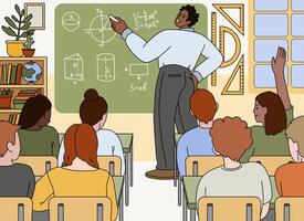 Flat school man teacher standing at chalkboard and teaching mathematics in classroom. Students learn on lessons. Lecturer training geometry. Professor explaining and writing formula on blackboard. vector