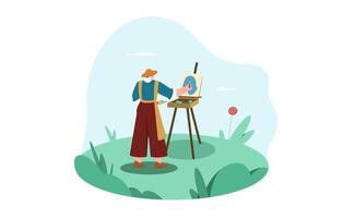 Flat aged woman artist painting on canvas in summer park. Painter character drawing picture with brush and easel. Retired person hobby, pensioner leisure activities in retirement. vector