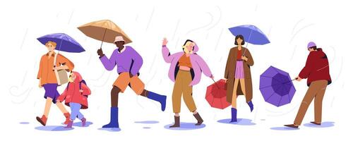 Flat people with umbrellas and raincoats walking in puddles at rainy weather. Stylish characters and happy child under stormy rain in autumn windy day, Monsoon season with rainfall in city street. vector