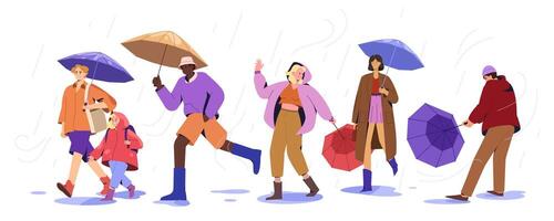 plano personas con paraguas y impermeables caminando en charcos a lluvioso clima. elegante caracteres y contento niño debajo Tormentoso lluvia en otoño Ventoso día, monzón temporada con lluvia en ciudad calle. vector