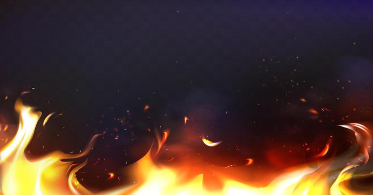 Fire with glowing sparks, bright burning blaze and smoke isolated on dark background. Hot flame in bonfire with ember particles lights and fume from ignition realistic illustration.