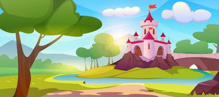 Cartoon pink magic princess castle on hill. Summer landscape of fairy tale kingdom, medieval palace with turrets surrounded with water, green trees, field and bridge with road to royal chateau. vector