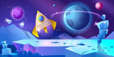 Alien planet landscape for space game background. Dark sky with blue glowing crystal rocks, rocket and surface planets and galaxies in the solar system. Fantastic cosmos cartoon illustration. vector