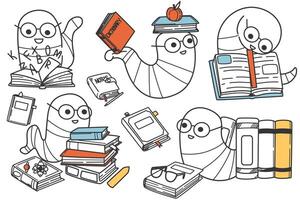 Hand drawn funny bookworms doodle set. Smiling worms in glasses on stacks of books reading and learning educational literature. Happy smart animal characters study colorful textbooks. vector