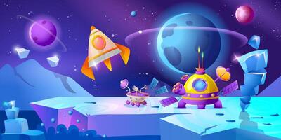 Cartoon landscape of outer space with glowing crystal rocks, rocket and lunar rover for universe and alien planet exploration in the solar system. Cosmos surface with station for scientific research. vector