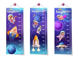 Flat height growth chart for kids with cute astronaut animals, space rocket and planets. Child wall meter, children measuring ruler with happy dogs, monkey and sloth in cosmic galaxy with starts. vector