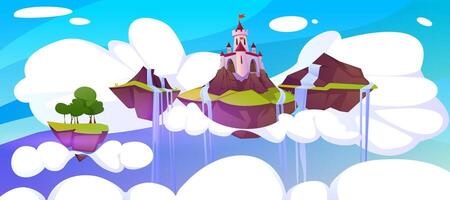 Cartoon magic pink castle and waterfall on floating island. Summer landscape of fairy tale kingdom, medieval royal palace with turrets flying in blue sky with clouds, water, green trees and field. vector