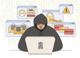 Hacker in black hood with laptop stealing private personal data, user login, account password or documents in internet. Fraud, hacking or phishing cybercrime flat concept. Theft or attack in network. vector