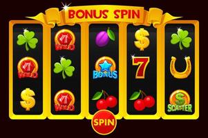 A rectangular slot machine with a bonus spin feature set against and icons on a black background. Creating a vibrant and exciting atmosphere for the art of gambling vector