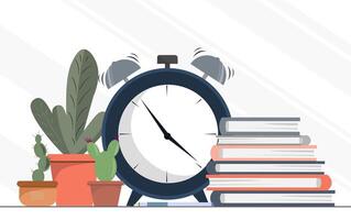 Alarm clock on the stack of books, education concept, time to do something, flat illustration vector