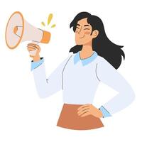 un empoderado, profesional mujer participación un megáfono, simbolizando liderazgo, comunicación, y influencia en un moderno ambiente. plano ilustración para web o aplicación diseño vector