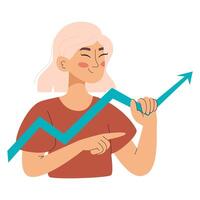 Illustration of a faceless woman character holding a blue arrow pointing upwards, symbolizing growth or success. flat illustration for web or app design vector