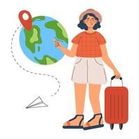 A woman traveler is presented ready for adventure, pointing at a destination on a globe with luggage in tow. flat illustration for web or app design vector