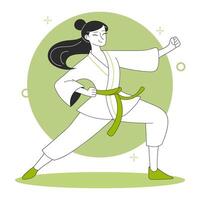 A strong female figure in white karate attire practices her stance against a modern green circle background symbolizing growth and balance. flat illustration for web or app design vector