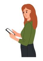 Woman using mobile phone and smiling. Modern flat illustration. vector