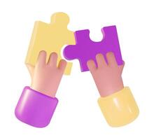 Cartoon hands holding matching puzzle pieces. 3D icon isolated. Problem solving, teamwork, exchange of experience and connection concept. vector