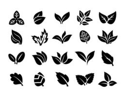 Set of black leaf silhouettes. Minimalistic plant icons. Collection of various symbols of naturalness, eco-friendliness, or medicinal herbs. illustration. vector