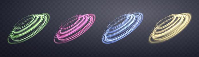 Glowing magic rings set. Neon realistic energy flare rings with sparkling particles. Abstract light effect vector