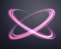 Glowing pink magic rings. Dynamic orbital flare halo ring. Neon realistic energy swoosh swirl. Abstract light effect on a dark background. vector