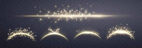 Gold magic arches set with glowing particles, sunlight lens flare. Neon realistic energy flare arch. Abstract light effect on a dark background. vector