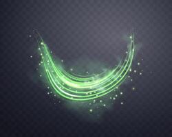 Glowing green lines. Neon realistic energy speed. Abstract light effect on a dark background. vector