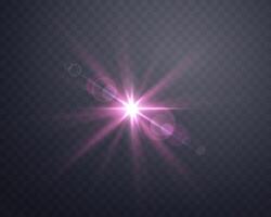 Sunlight lens flare, sun flash with rays and spotlight. Pink glowing burst explosion vector