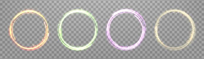 Glowing magic rings set. Neon realistic energy flare rings with sparkling particles. Abstract light effect on a dark background. vector