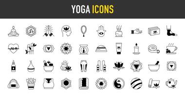 yoga y meditación práctica íconos colocar. tal como relajación, interior paz, autoconocimiento, interior concentración, espiritual práctica y más icono ilustración. vector