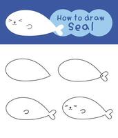 How to draw seal cartoon step by step for kid book, coloring book and education vector