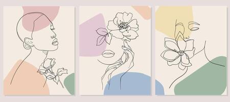 Set of faces with flower. Abstract minimal portrait. - illustration vector