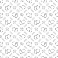 Seamless pattern with stethoscope, pills and patch. Black, white illustration. vector