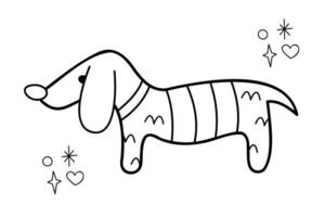 Knitted dachshund. Doodle outline black and white illustration. vector