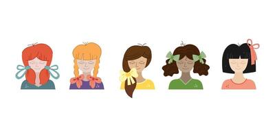 Set with 5 girls with different hairstyles and hair bows. Color doodle illustration. vector