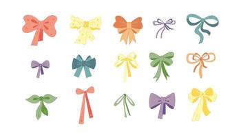 Set of 15 different doodle bows for hair. Color illustration. vector