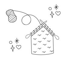 Knitted fabric with a skein of yarn and knitting needles. Doodle outline black and white illustration. vector